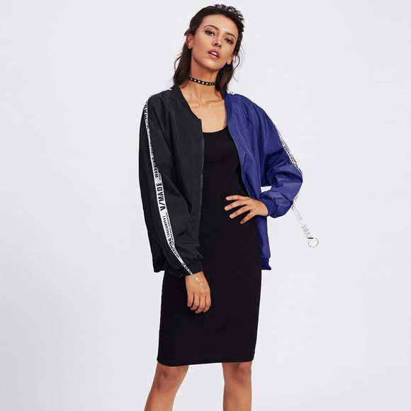 Two Toned Bomber Jacket—Patch Black Ribbon Detail 🟣 - Picture 4 of 5